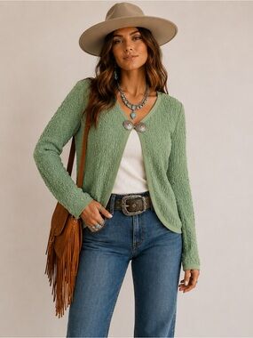 Vintage Double D Rancher Cardigan Size L Green Textured Western Cowgirl USA Made